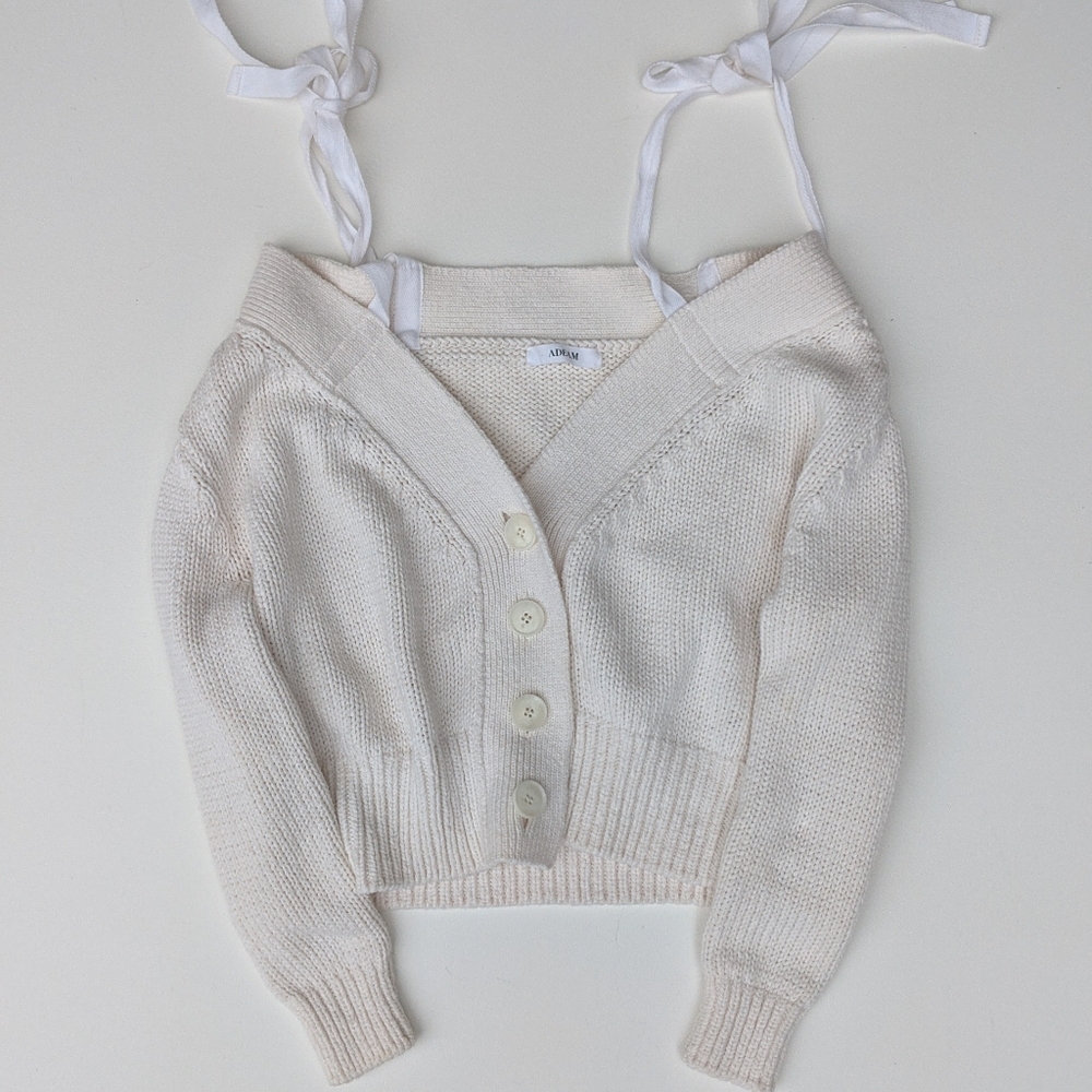 Adeam Cream Cropped Off-shoulder Cardigan With Shoulder Ribbons